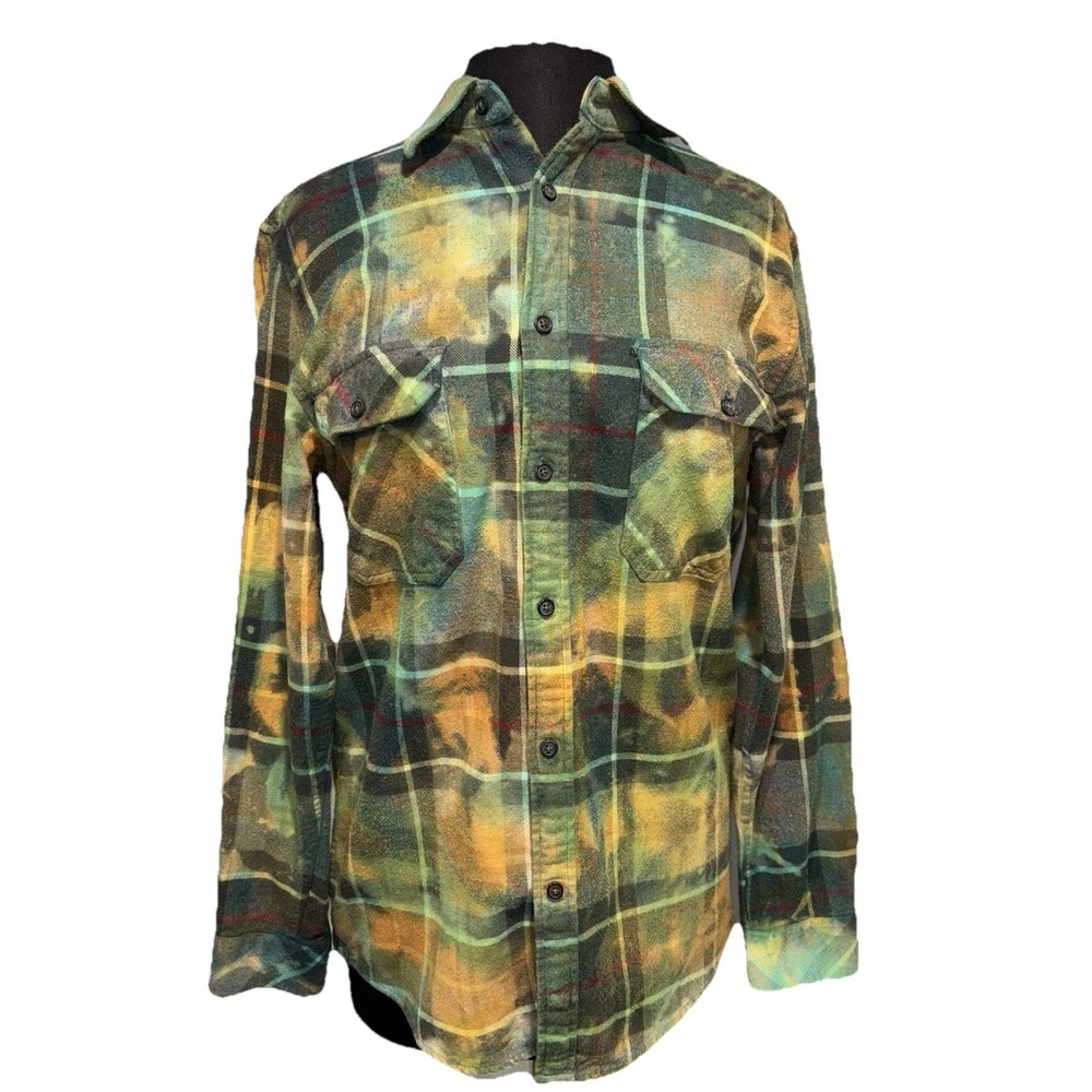 NWT Tie Dye Bleached Flannel Shirt "My Dog & I Talk Sh*t About You" Plaid Sz S/P